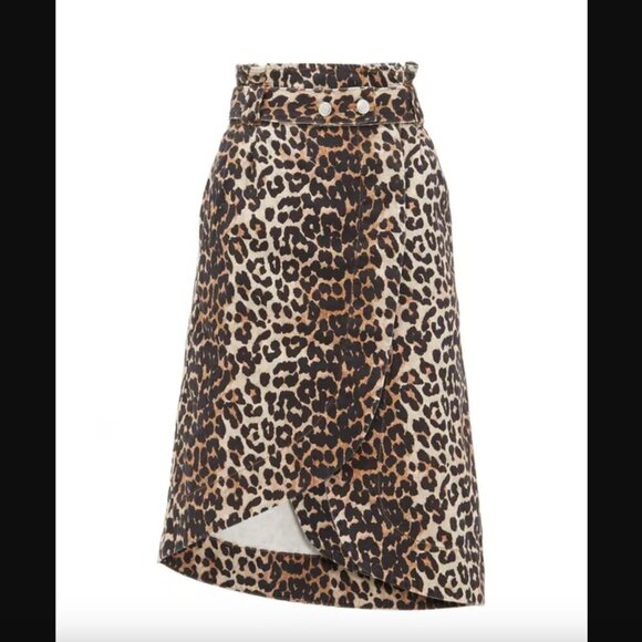 GANNI Leopard-Print Cotton-Denim Wrap Skirt EU 40 / US 8-10 - Picture 6 of 11